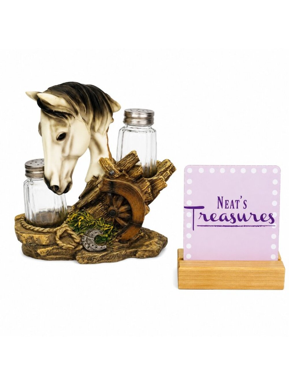 DWK 2010 Animal  Gray Black Horse  Resin Holder w Salt And Pepper Shaker Set 3